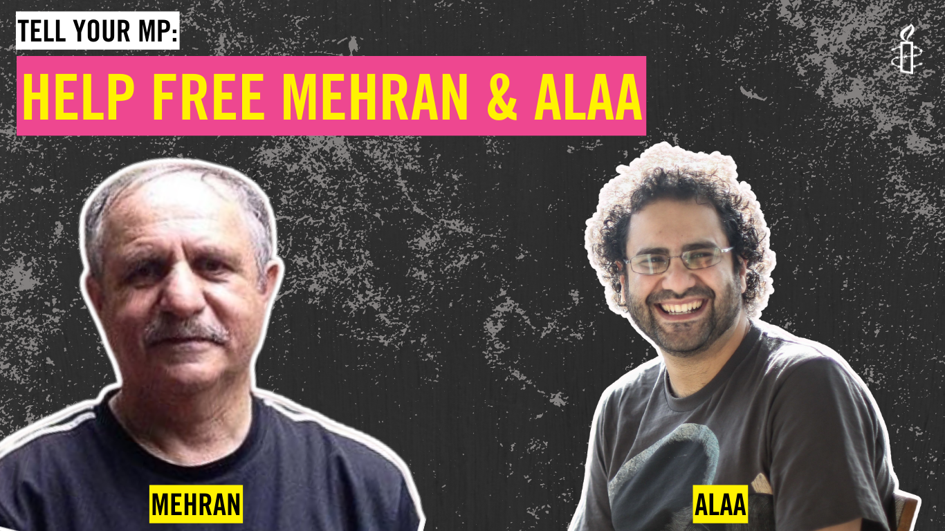 "Visual of cut out profiles of Mehran and Alaa looking at the camera, set against a dark background. Highlighted text reads: Tell your MP: Help free Mehrand and Alaa"