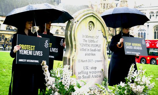 A six-foot gravestone in Parliament Square commemorating the lives lost in Yemen in Saudi-led air strikes.
