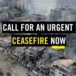 Destroyed aerial view of gaza with tagline saying call for an urgent ceasefire now