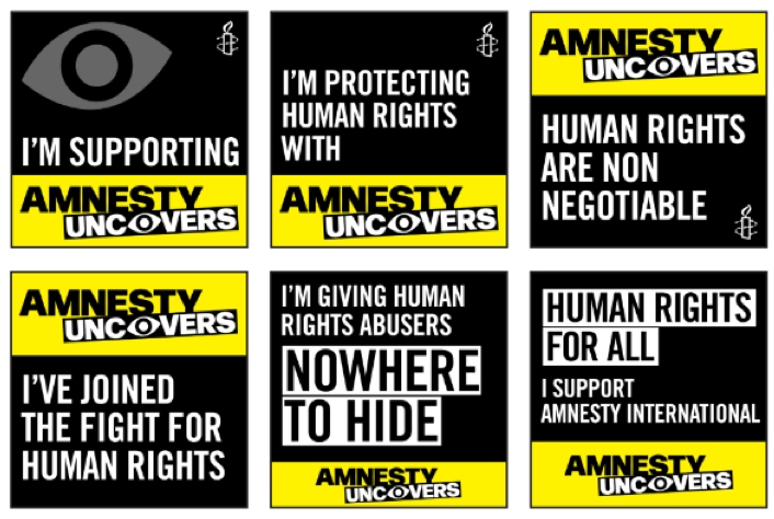 Badges for Amnesty Uncovers product, with human rights slogans written on them.