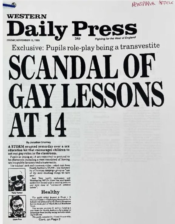 Newspaper artice which reads: Western Daily Press, Scland of Gay Lessons at 14
