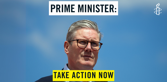 image shows keir starmer against a blue sky. text reads "prime minister: take action now"