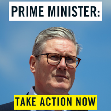 image shows keir starmer against a blue sky. text reads "prime minister: take action now"