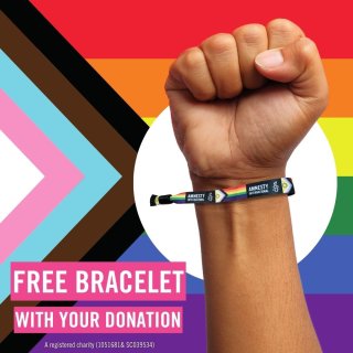 Pride Flag with a text saying Free Bracelet with Your Donation