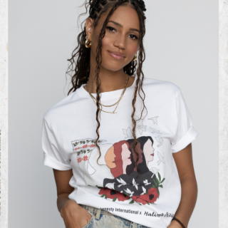 Image shows Vick Hope wearing one of the tshirts features