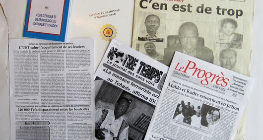A selection of Chadian publications related to arrests, detentions and attacks on freedom of expression. (Abba Garde, ODEMET, Notre Temps, Le Progrès) A selection of Chadian publications related to arrests, detentions and attacks on freedom of expression. (Abba Garde, ODEMET, Notre Temps, Le Progrès)