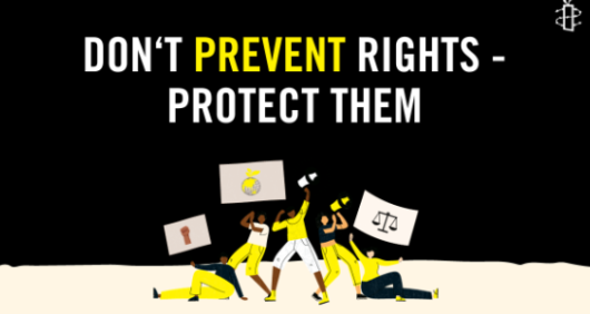 Illustrated placards reading "don't prevent rights, protect them"