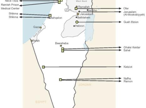 A map of prisons and detention centres in Israel and the Occupied Palestinian Territories (c) 	Addameer, 2011