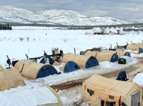 Image of temporary housing in the snow