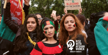 3 Afghan women, the AF logo and the text 