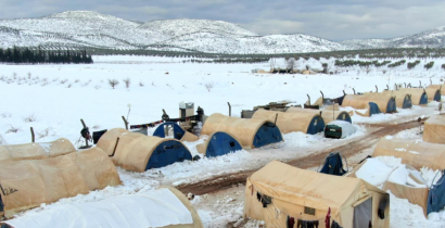 Image of temporary housing in the snow