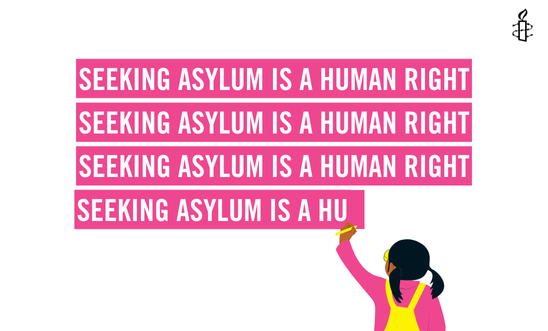illustration shows a little girl writing "seeking asylum is a human right"