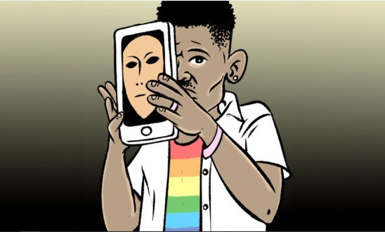 Cartoon of Black man wearing rainbow T-shirt holding mobile phone with an image of a mask in front of his face