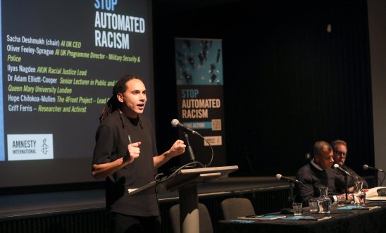 Image of Dr Adam Elliott-Cooper speaking at Amnesty UK's Automated Racism event launch event