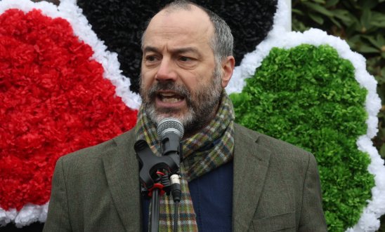 Patrick Corrigan address the Hands Off Gaza rally outside the US Consulate in Belfast, 1 March 2025