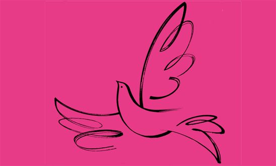 A badly drawn bird flies in a pink sky