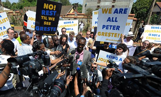 Al-Jazeera journalist Mohammed Adow speaks to journalists in Nairobi, Feb 2014