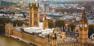 aerial shot of UK Parliament building 